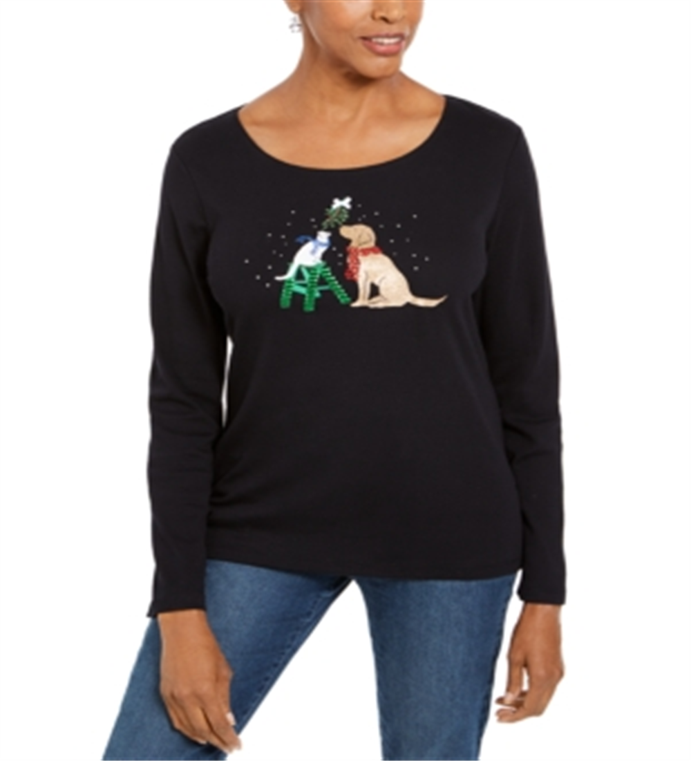 Karen Scott Women's  Petite Embellished Holiday Shirt  Black Size Petite M