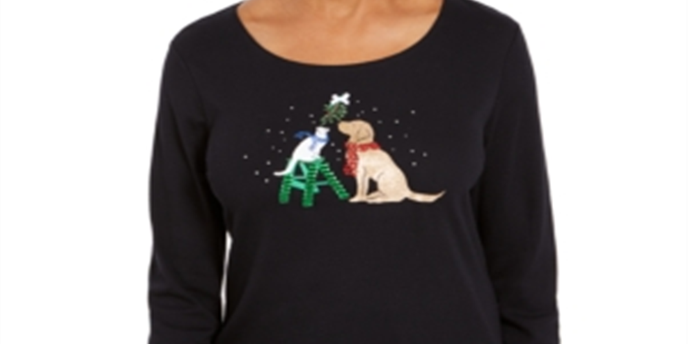 Karen Scott Women's  Petite Embellished Holiday Shirt  Black Size Petite M
