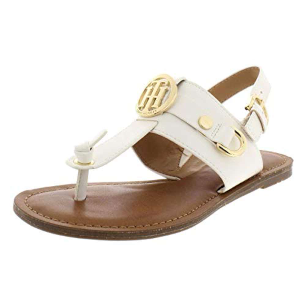 Tommy Hilfiger Women's Luvee Faux Leather Flat T-Strap Sandals White Size 6M