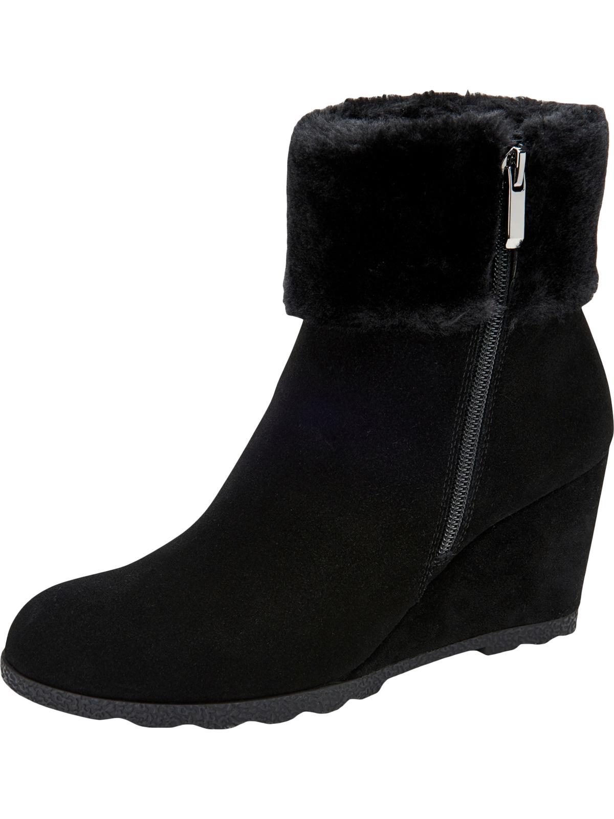 Alfani Women's Faux Fur Cuff Cushioned Wedge Zip up Leather Booties Black Size 6.5 M