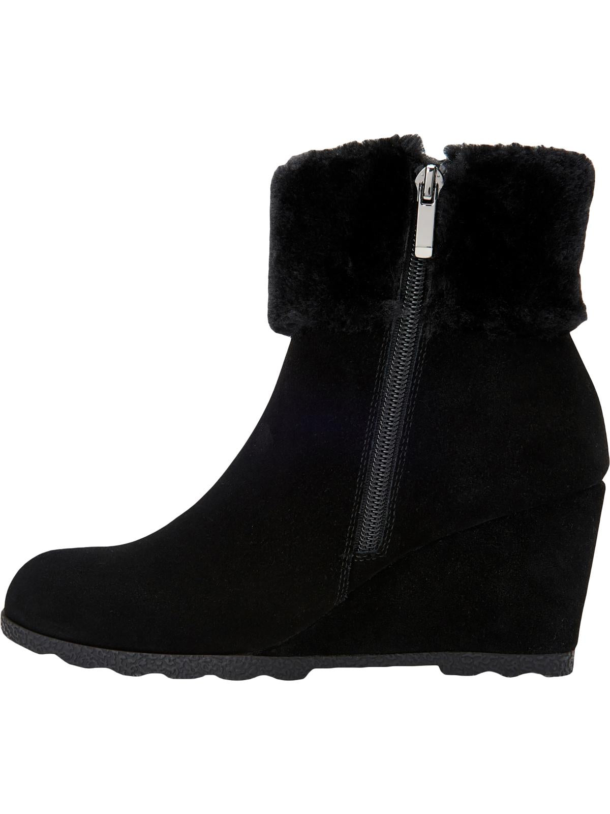 Alfani Women's Faux Fur Cuff Cushioned Wedge Zip up Leather Booties Black Size 6.5 M