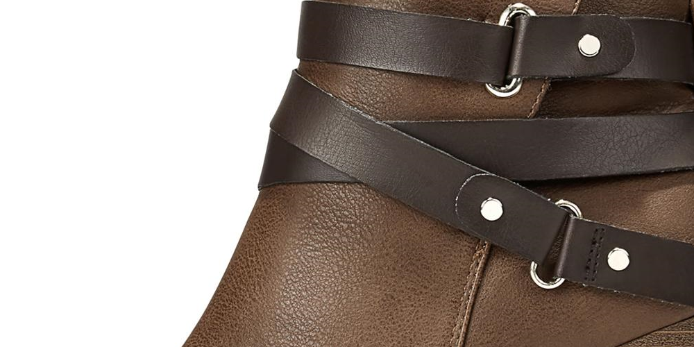 Material Girl Women's  Mixed Media Strappy Cushioned Buckle Accent Melany Round Toe Block Heel Zip-up Booties Brown Size 10 M