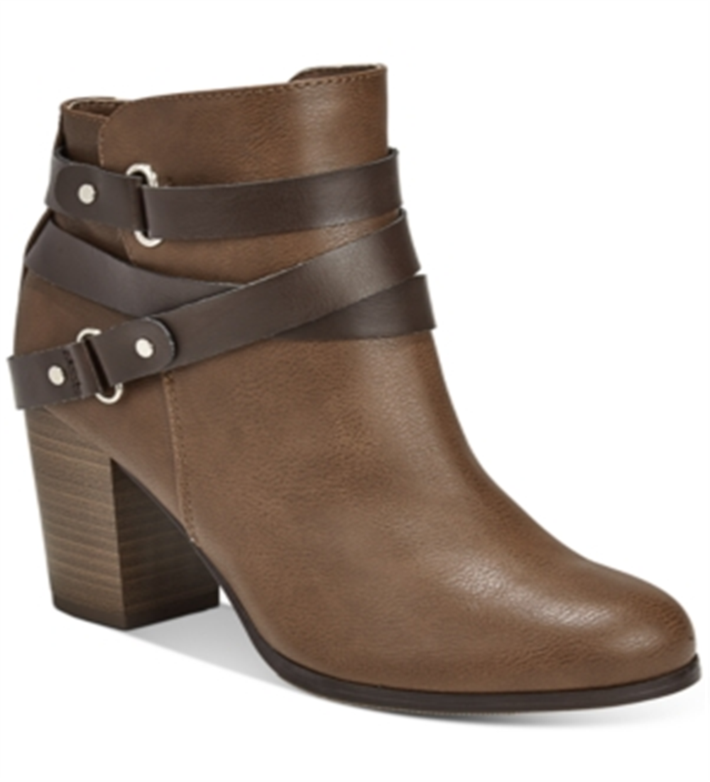 Material Girl Women's  Mixed Media Strappy Cushioned Buckle Accent Melany Round Toe Block Heel Zip-up Booties Brown Size 10 M