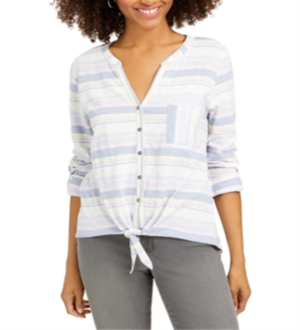 Style & Co Women's  Petite Cotton Striped Tie-Front Shirt White Size -Petite M