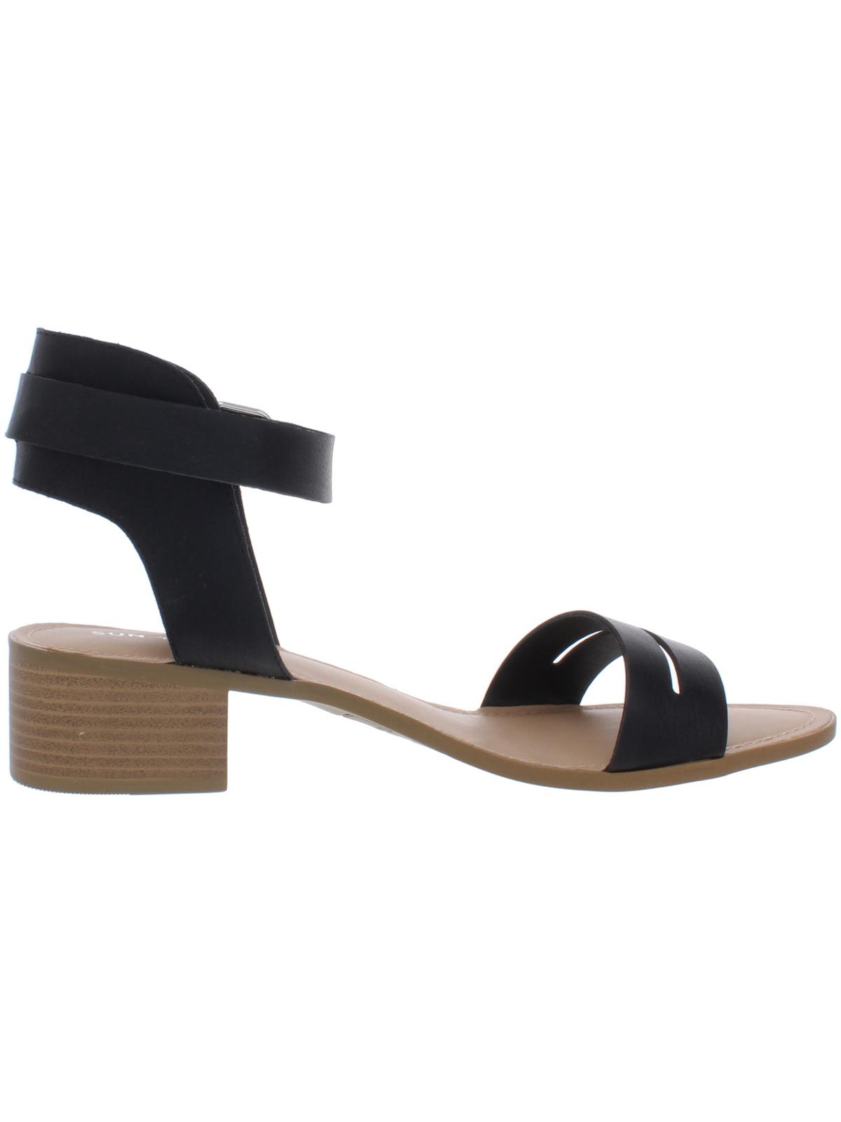 Sun Stone Women's Slit Cutout Adjustable Strap Ankle Strap Cushioned Alecta Round Toe Block Heel Buckle Sandals Black Size 8.5 M