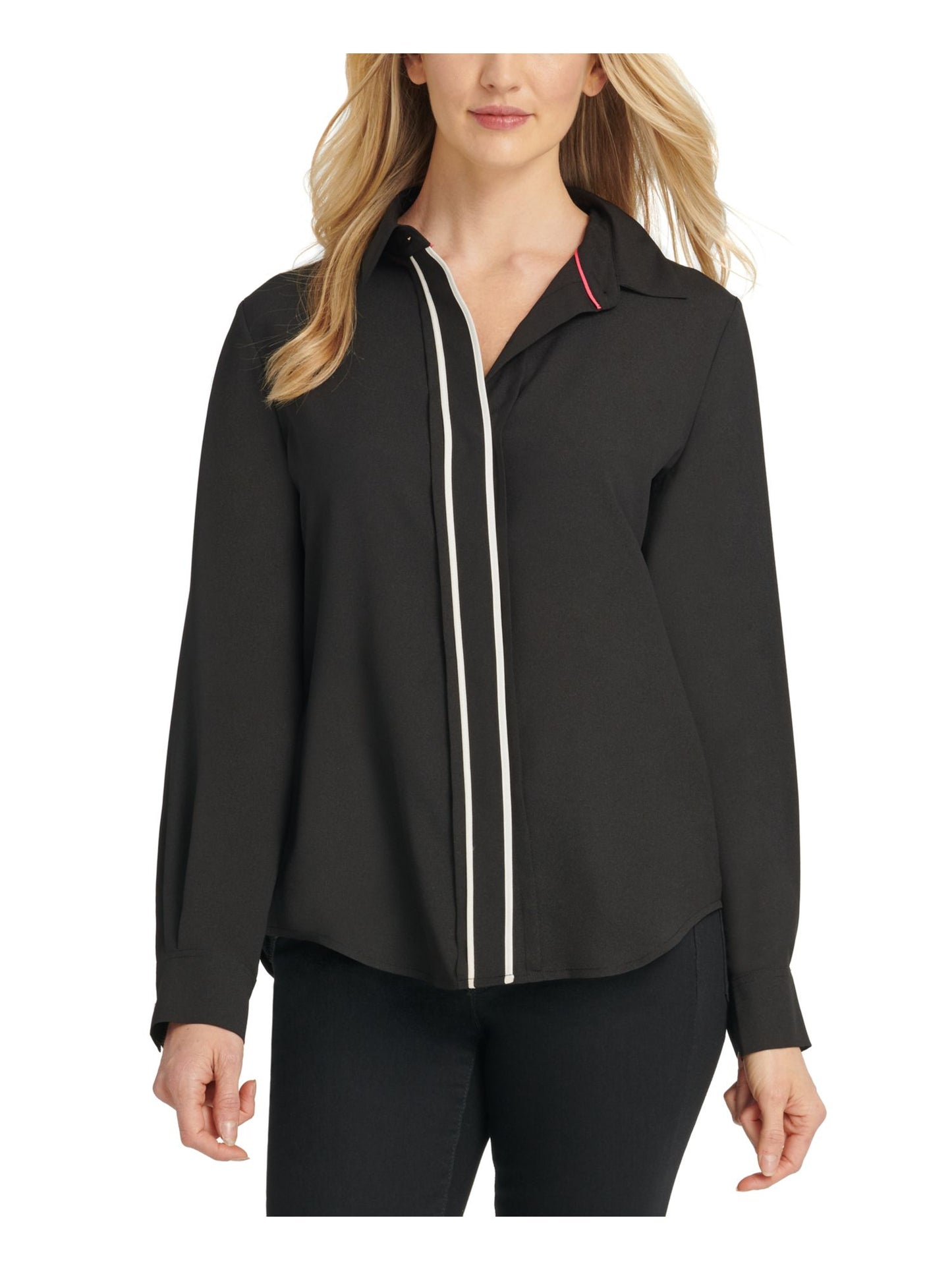DKNY Women's Contrast Placket Blouse Black Size X-Large