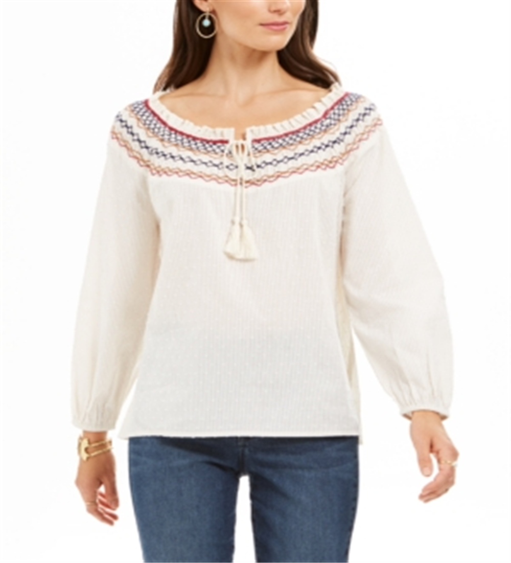 Style & Co Women's Embroidered Smocked-Neck Cotton Top White Size Petite S