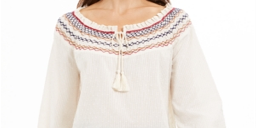 Style & Co Women's Embroidered Smocked-Neck Cotton Top White Size Petite S