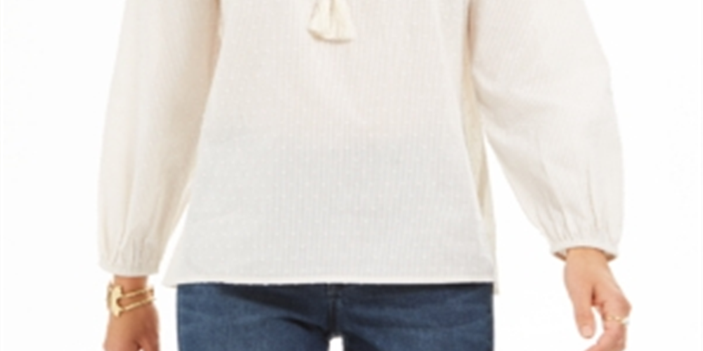 Style & Co Women's Embroidered Smocked-Neck Cotton Top White Size Petite S