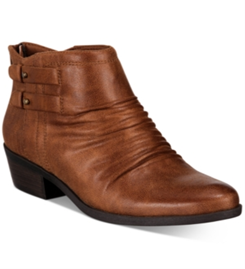 Baretraps Women's Posted Ankle Straps Ruched Cushioned Round Toe Stacked Heel Zip up Booties Brown Size 11 M