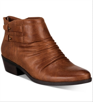 Baretraps Women's Posted Ankle Straps Ruched Cushioned Round Toe Stacked Heel Zip up Booties Brown Size 11 M