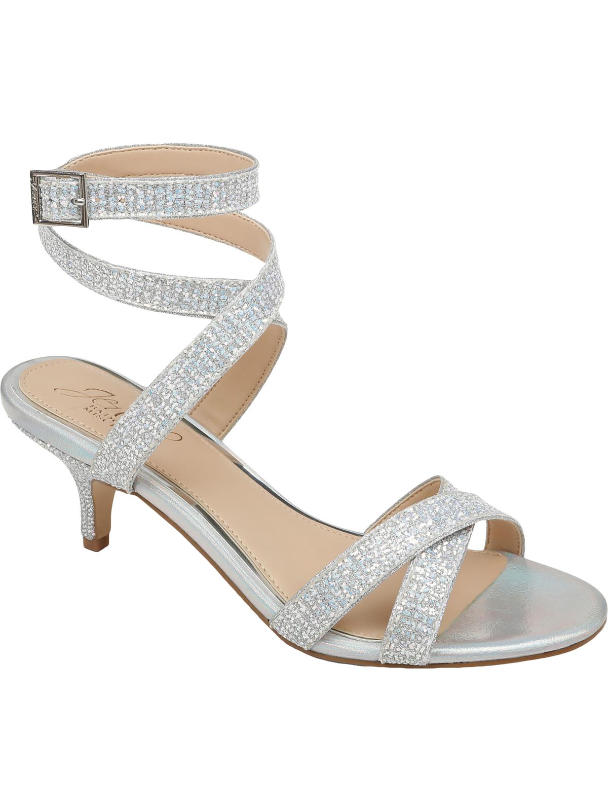 Jewel Badgley Mischka Women's Newton Ankle Open Toe Evening Heels Silver Crystals Size 6.5M