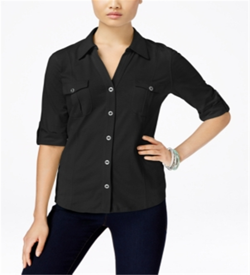 Style & Co Women's Jersey Utility Shirt Black Size Petite