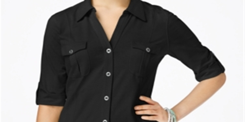 Style & Co Women's Jersey Utility Shirt Black Size Petite