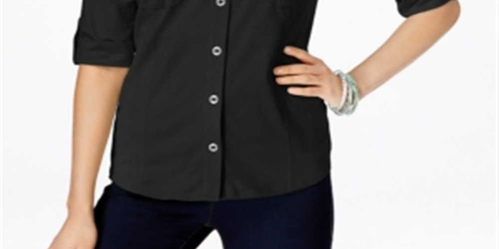 Style & Co Women's Jersey Utility Shirt Black Size Petite