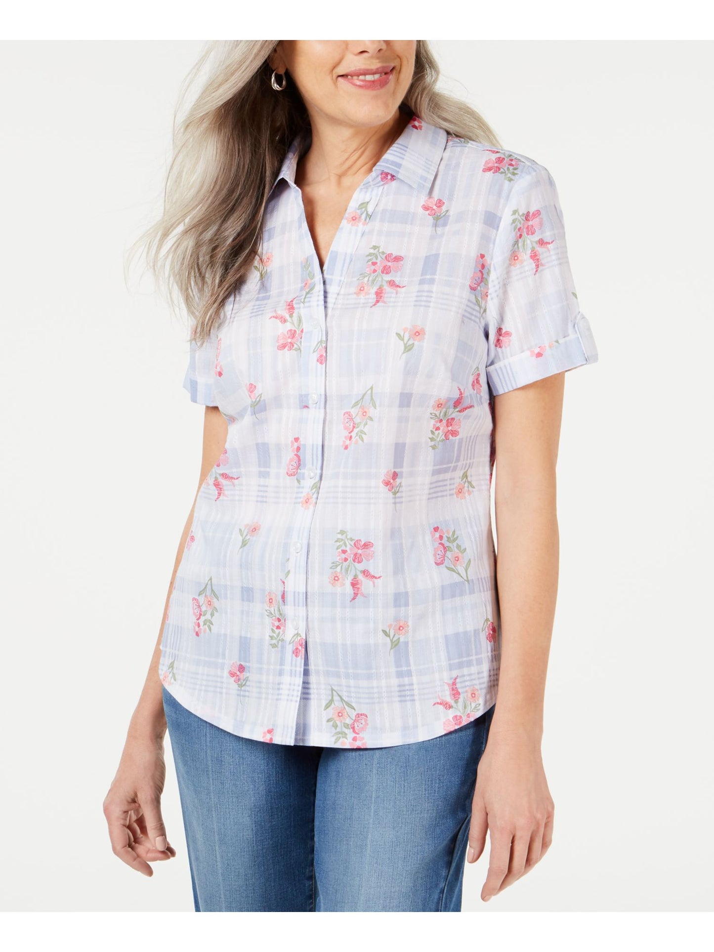 Karen Scott Women's  Floral Cuffed Button up Top Blue Size Petite S