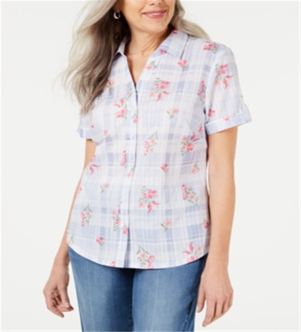 Karen Scott Women's  Floral Cuffed Button up Top Blue Size Petite S