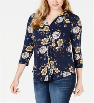 Charter Club Women's Floral-Print V-Neck Top- Intrepid Blue  Size 2XL