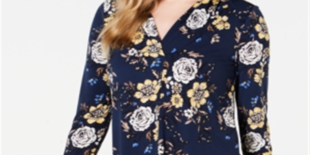 Charter Club Women's Floral-Print V-Neck Top- Intrepid Blue  Size 2XL