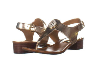 Tommy Hilfiger Women's King Leather Open Toe Casual Ankle Strap Sandals Gold Size 7.5