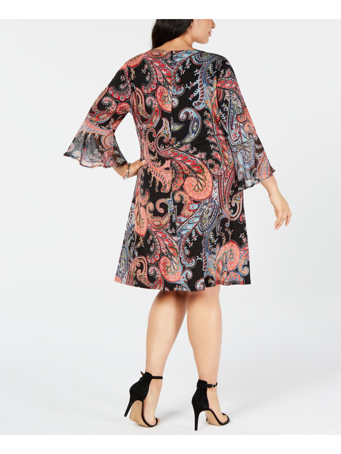 Connected Apparel Women's Dress Plus Paisley Bell-Sleeve Black Size 20W
