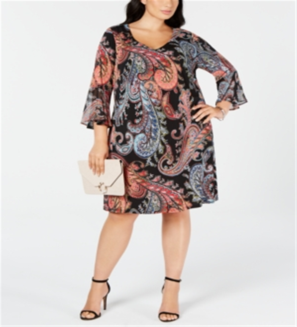 Connected Apparel Women's Dress Plus Paisley Bell-Sleeve Black Size 20W