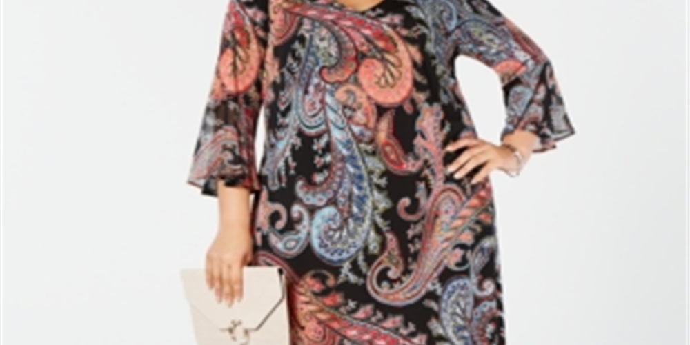 Connected Apparel Women's Dress Plus Paisley Bell-Sleeve Black Size 20W