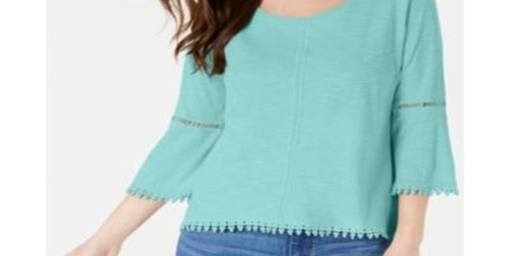 Style & Co Women's Petite Crochet-Trim Lantern-Sl Refreshing Teal Size PXS