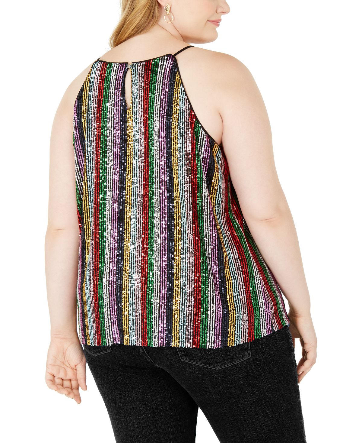 INC Women's Plus Sequin Striped Halter Top Black Size -3X