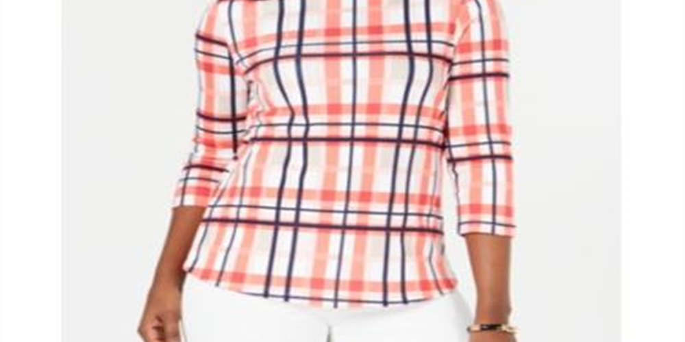 Charter Club Women's Cotton Plaid Boat Neck Top Pink Petite X-Small