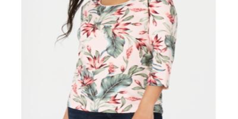 Karen Scott  Women's Palm-Print 3/4-Sleeve Top  Blush Pink Size 2XL