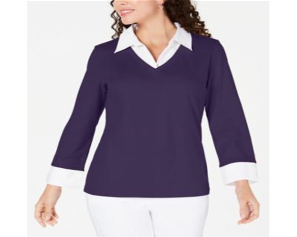 Karen Scott Women's Petite Layered-Look Cotton Top  Cassis  Size Petite M