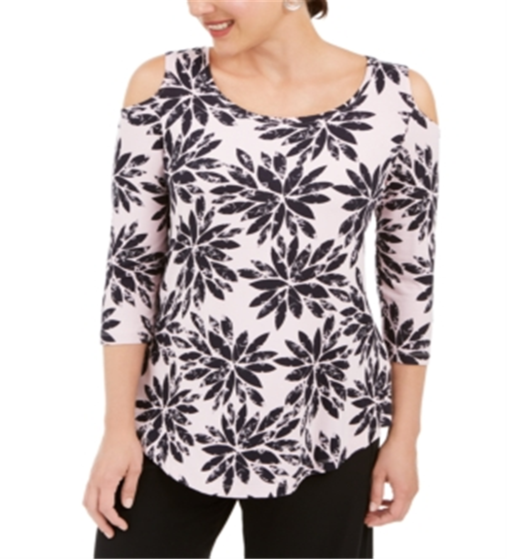 JM Collection Women's  34-Sleeve Cold-Shoulder Top Fractal Petals XL
