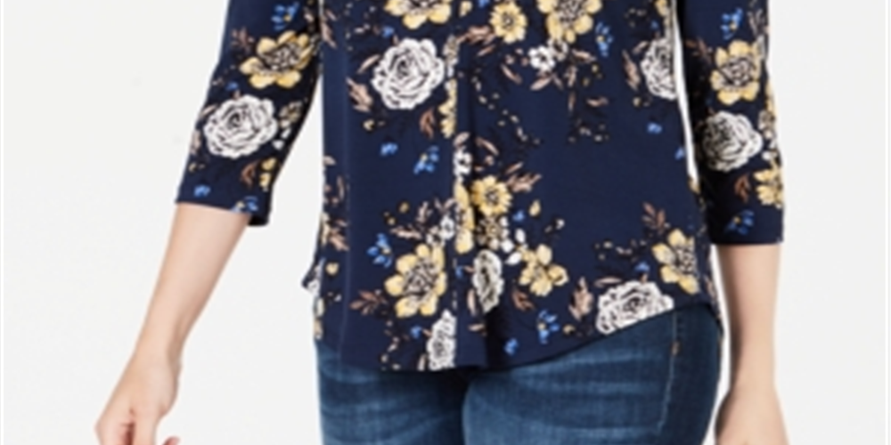 Charter Club Women's Floral-Print V-Neck Top Intrepid Blue Combo Size S