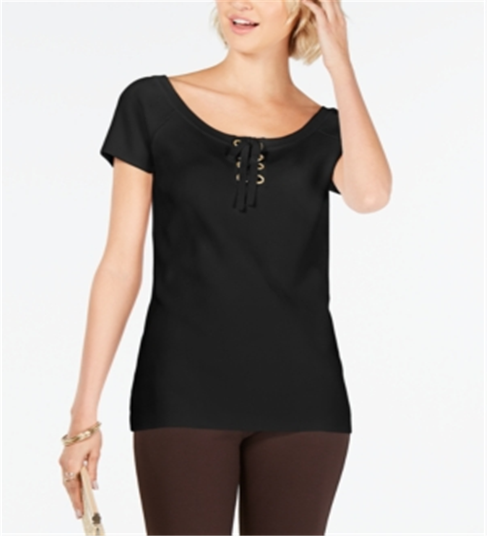 INC International Concepts Women's Lace up Scoop Neck Top Black Size Petite