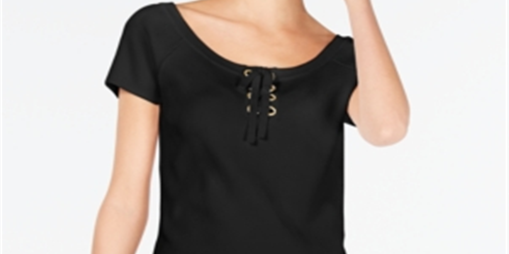 INC International Concepts Women's Lace up Scoop Neck Top Black Size Petite