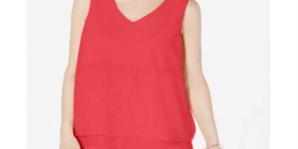 Alfani  Women's Petite Layered-Look V-Neck Top Coral  Size Petite M
