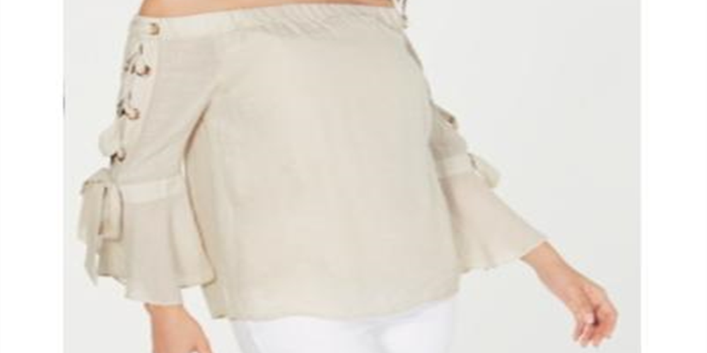 Thalia Sodi Women's  Gauze Off-the-Shoulder Lace-up Top  Beige Size Large