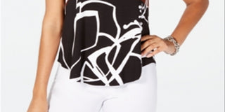 Alfani Women's Zany Abstract Wave Print Top Brown Size Petite Small