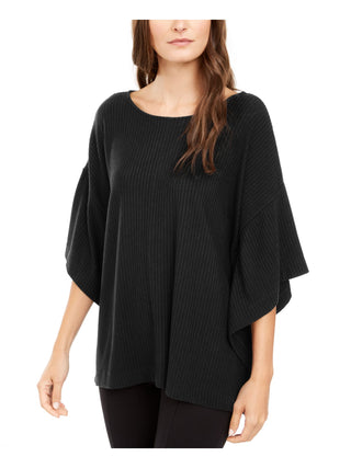 Alfani Women's Ribbed Bell Sleeve Scoop Neck Poncho Top Black Size M