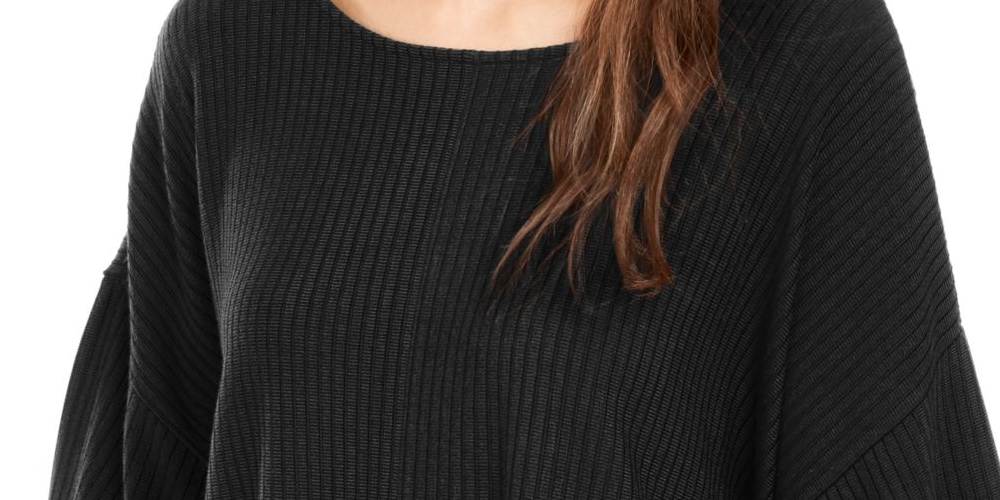 Alfani Women's Ribbed Bell Sleeve Scoop Neck Poncho Top Black Size M