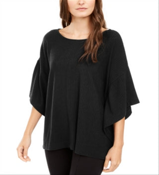 Alfani Women's Ribbed Bell Sleeve Scoop Neck Poncho Top Black Size M