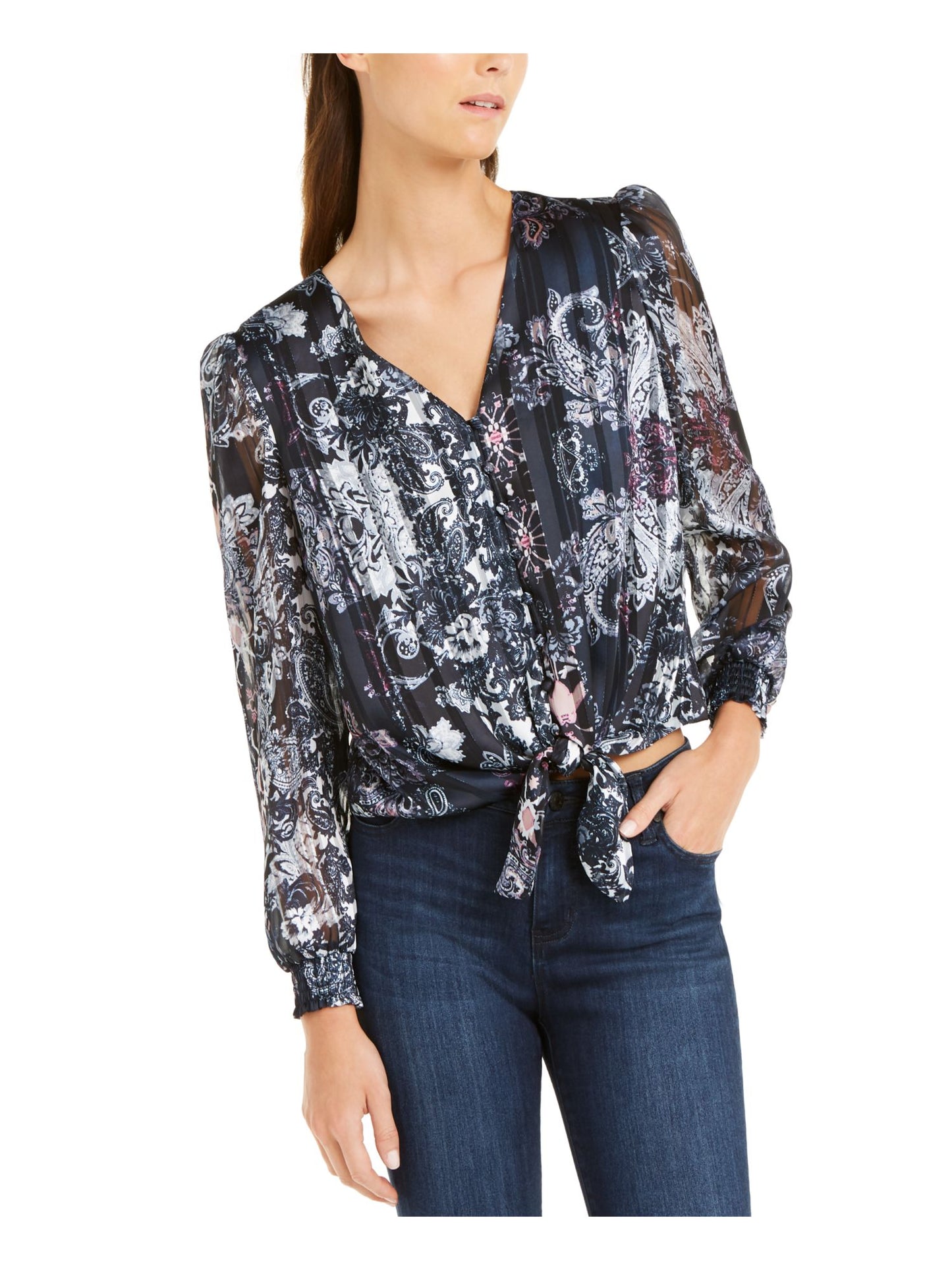 INC Women's  Printed Long Sleeve Blouse Evening Top Navy Size PS
