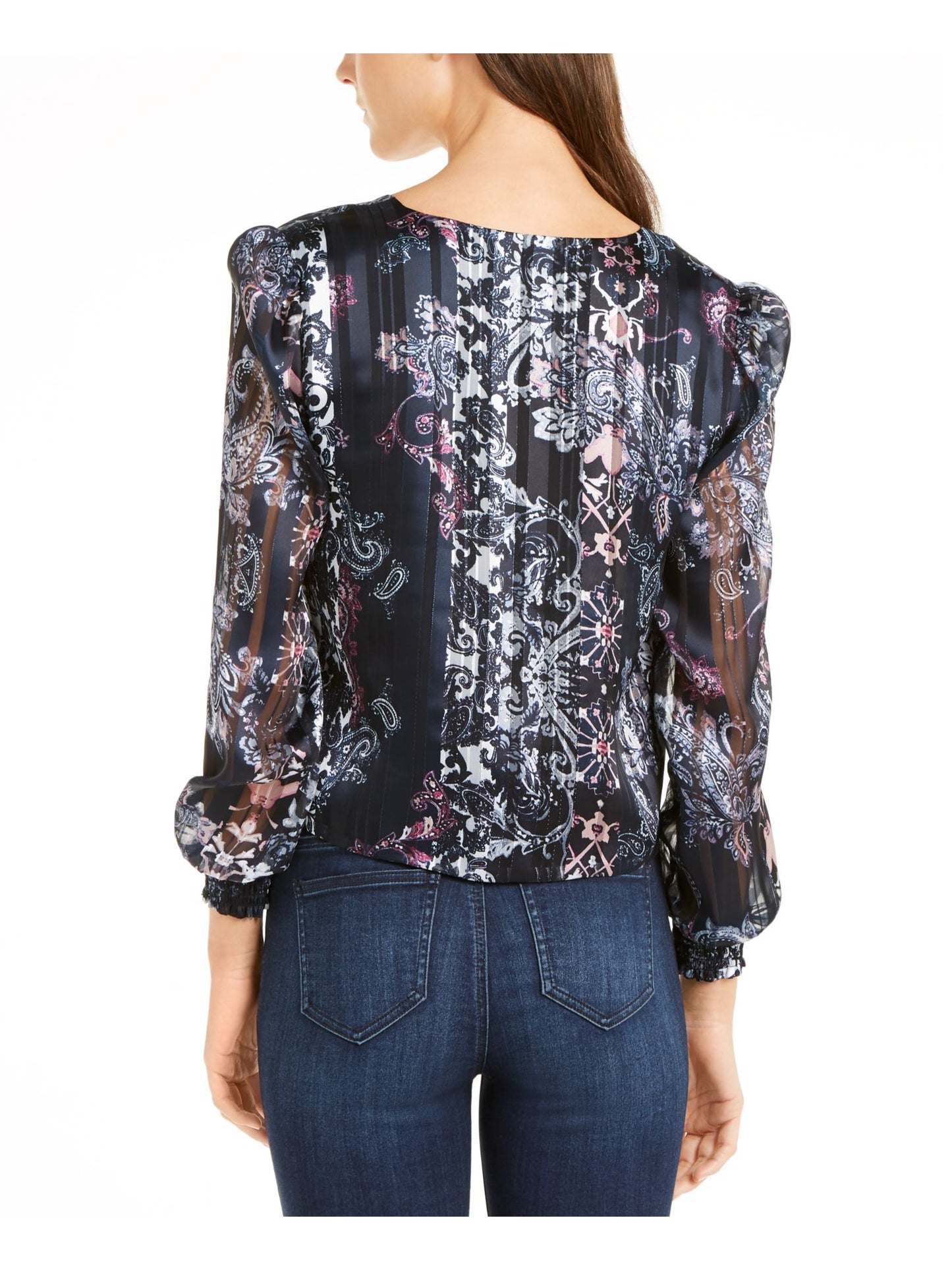 INC Women's  Printed Long Sleeve Blouse Evening Top Navy Size PS
