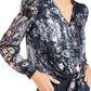 INC Women's  Printed Long Sleeve Blouse Evening Top Navy Size PS