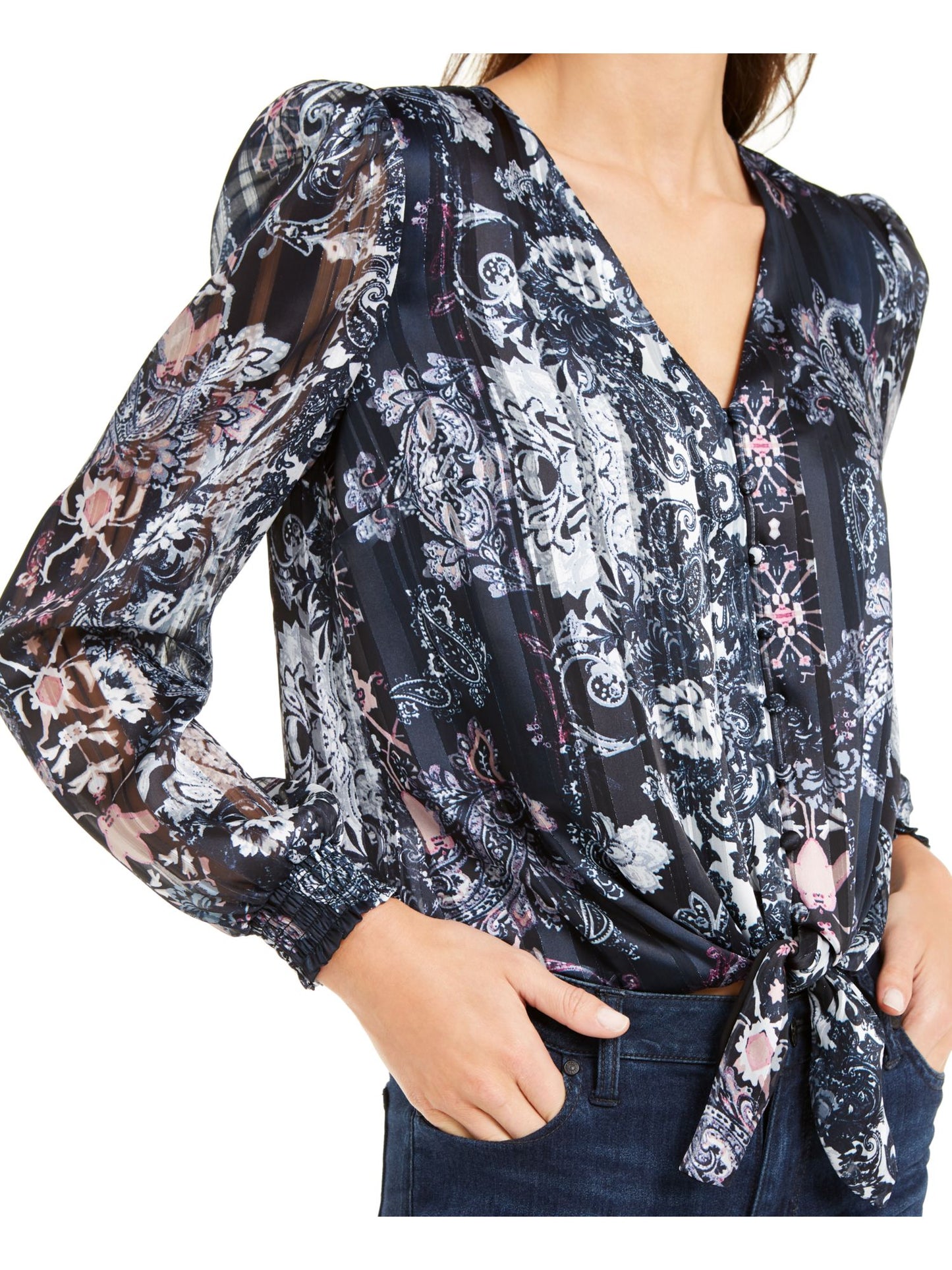 INC Women's  Printed Long Sleeve Blouse Evening Top Navy Size PS