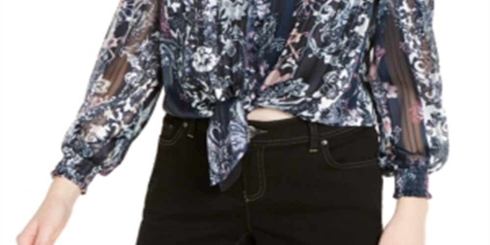 INC Women's  Printed Long Sleeve Blouse Evening Top Navy Size PS