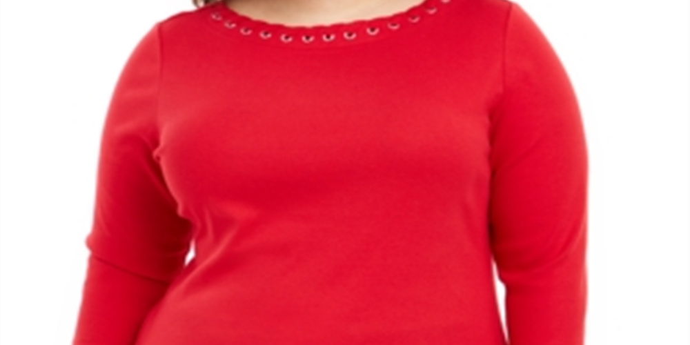 Karen Scott Women's Plus Laced Grommet Trim Cotton Top Red Size XL