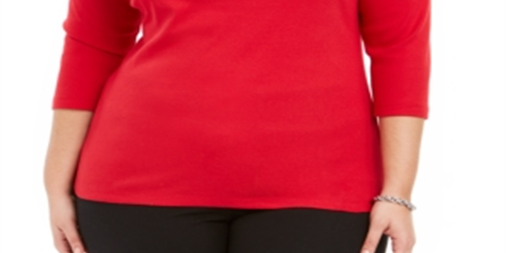 Karen Scott Women's Plus Laced Grommet Trim Cotton Top Red Size XL