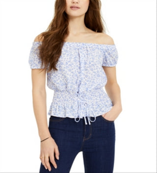 Ultra Flirt Junior's Smocked Lace up Off the Shoulder Blouse White Size Large